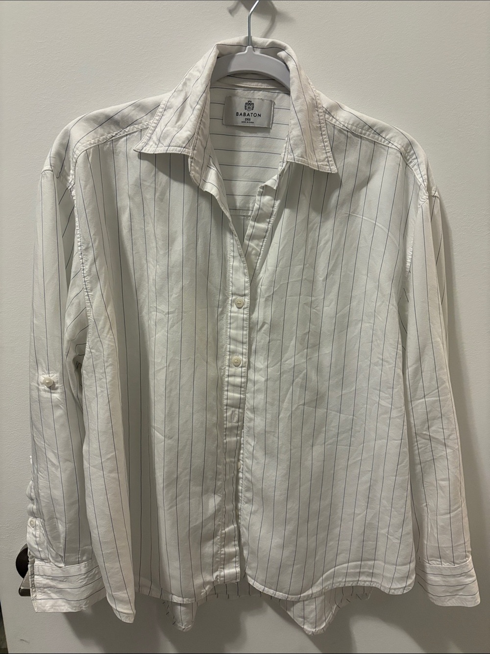 Babaton White Shirt with Thin Blue Pinstripes